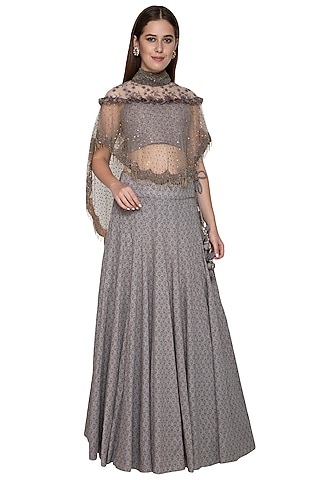 Grey Embroidered Cape Lehenga Set by Nandita Thirani