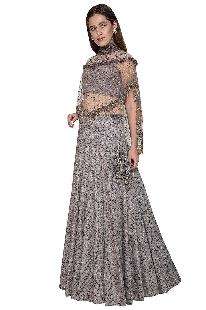 Grey Embroidered Cape Wedding Lehenga Set by Nandita Thirani at Pernia's Pop Up Shop