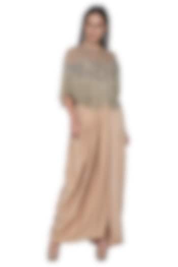 Nude Embroidered Draped Skirt With Top & Cape by Nandita Thirani