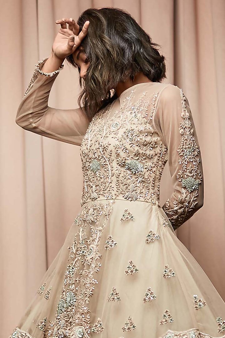 Nude Georgette & Tulle Embroidered Mini Cocktail Dress by Nandita Thirani at Pernia's Pop Up Shop