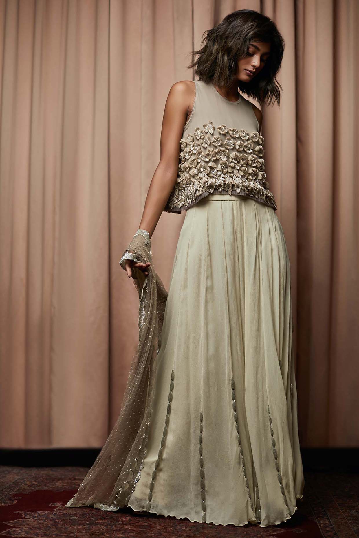 Taupe Georgette Wedding Sharara Set by Nandita Thirani at Pernia's Pop Up Shop