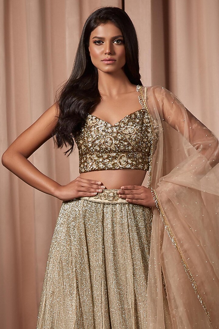 Gold Dupion Silk & Organza Embroidered Bridal Lehenga Set by Nandita Thirani at Pernia's Pop Up Shop