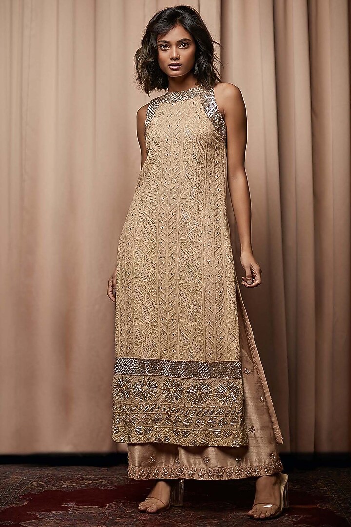 Biscuit Georgette Embroidered Chikankari Kurta Set by Nandita Thirani at Pernia's Pop Up Shop