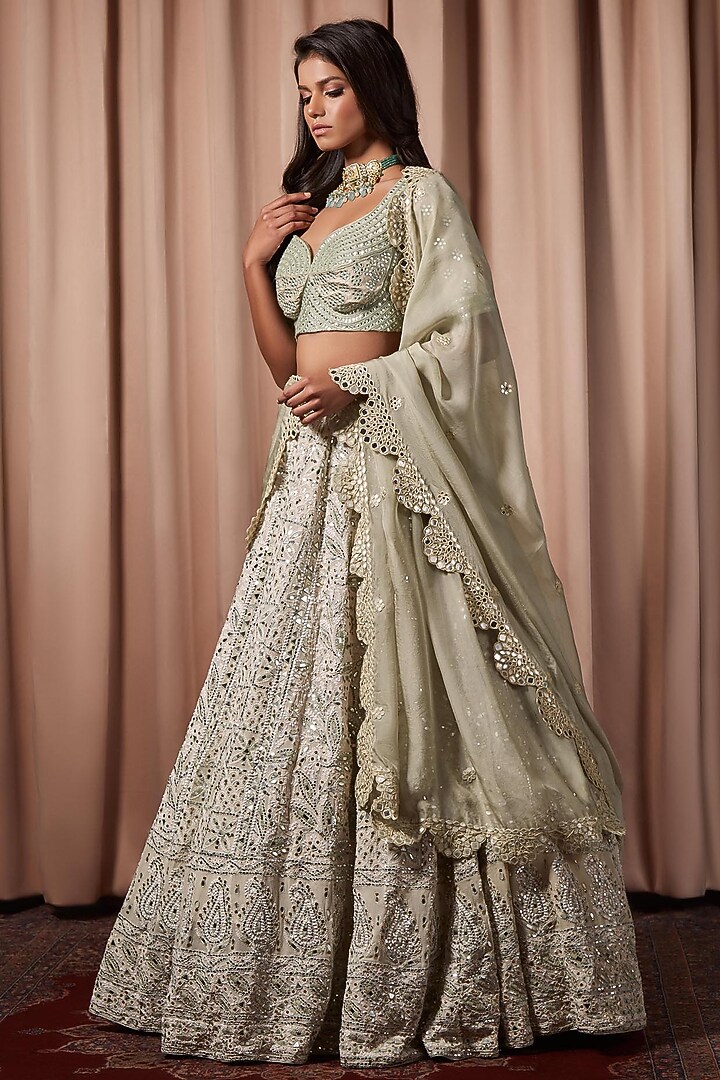 Ivory & Mint Georgette Embroidered Bridal Lehenga Set by Nandita Thirani at Pernia's Pop Up Shop