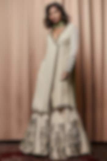 Ivory Georgette Pearl Work Overlap Kurta Set by Nandita Thirani at Pernia's Pop Up Shop