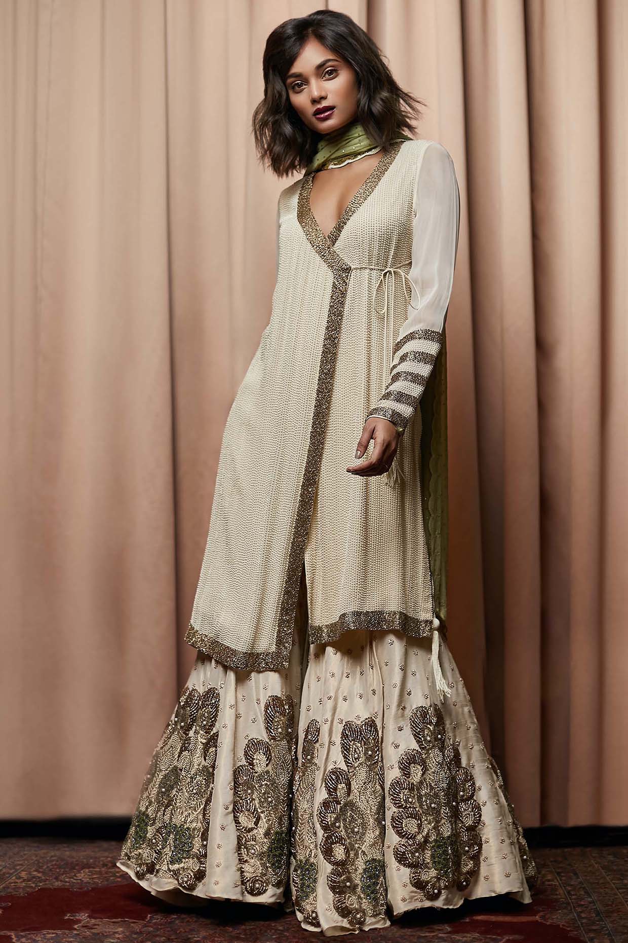 Ivory Georgette Pearl Work Overlap Kurta Set by Nandita Thirani at Pernia's Pop Up Shop