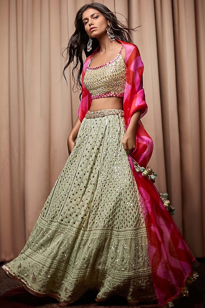 Mint Georgette Chikankari Badla Embroidered Bridal Lehenga Set by Nandita Thirani at Pernia's Pop Up Shop