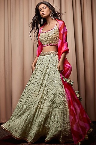 Mint Georgette Chikankari Badla Embroidered Lehenga Set by Nandita Thirani