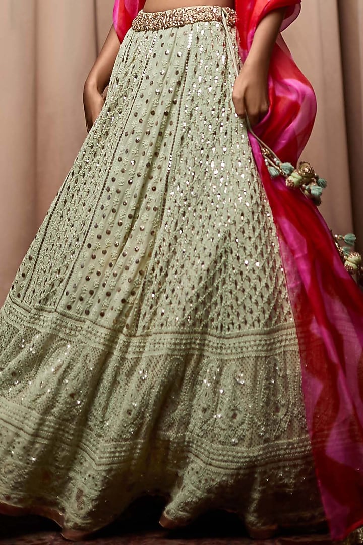 Mint Georgette Chikankari Badla Embroidered Bridal Lehenga Set by Nandita Thirani at Pernia's Pop Up Shop