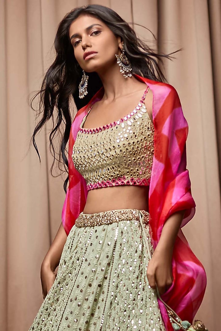 Mint Georgette Chikankari Badla Embroidered Bridal Lehenga Set by Nandita Thirani at Pernia's Pop Up Shop