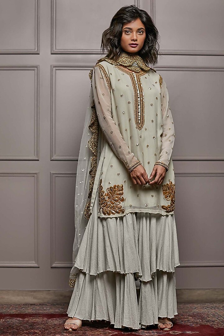 Seafoam Green Voile Layered Wedding Sharara Set by Nandita Thirani at Pernia's Pop Up Shop