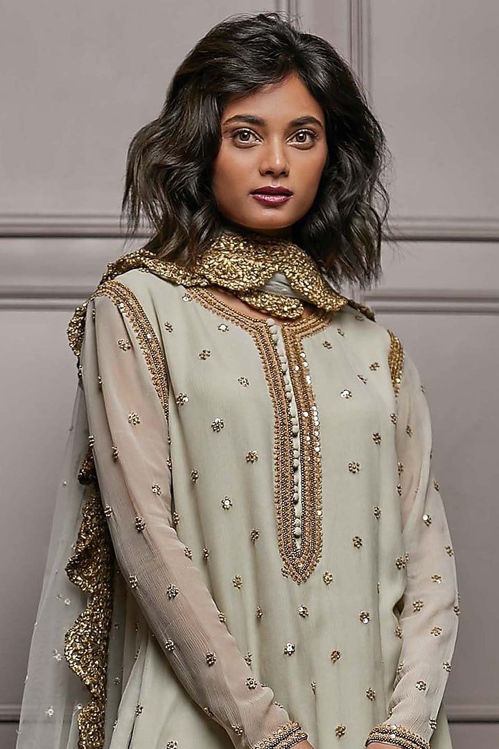 Seafoam Green Voile Layered Wedding Sharara Set by Nandita Thirani at Pernia's Pop Up Shop