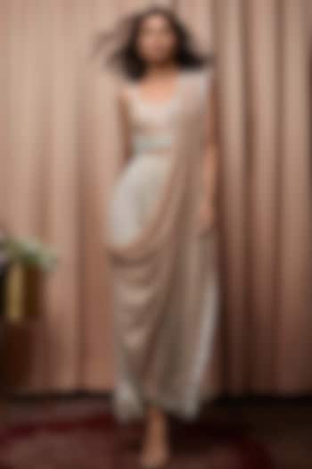 Nude Georgette Dhoti Wedding Saree Set by Nandita Thirani at Pernia's Pop Up Shop