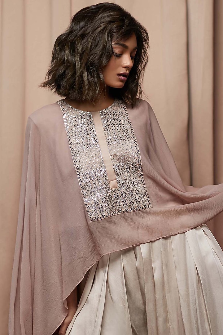 Onion Pink Georgette Mirror Work Kaftan Set by Nandita Thirani at Pernia's Pop Up Shop
