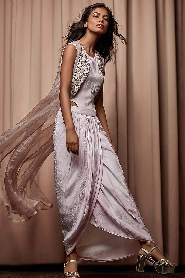 Creamy Baby Pink Polyester Crepe Draped Dhoti Jumpsuit With Sheer Jacket by Nandita Thirani at