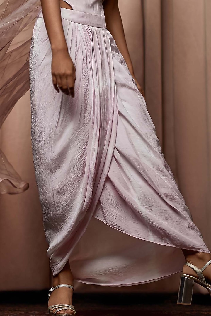 Creamy Baby Pink Polyester Crepe Draped Dhoti Jumpsuit With Sheer Jacket by Nandita Thirani at Pernia's Pop Up Shop
