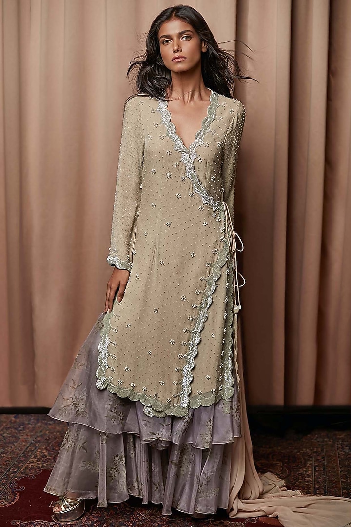Nude Chiffon Cutdana Embroidered Overlap Kurta Set by Nandita Thirani at Pernia's Pop Up Shop