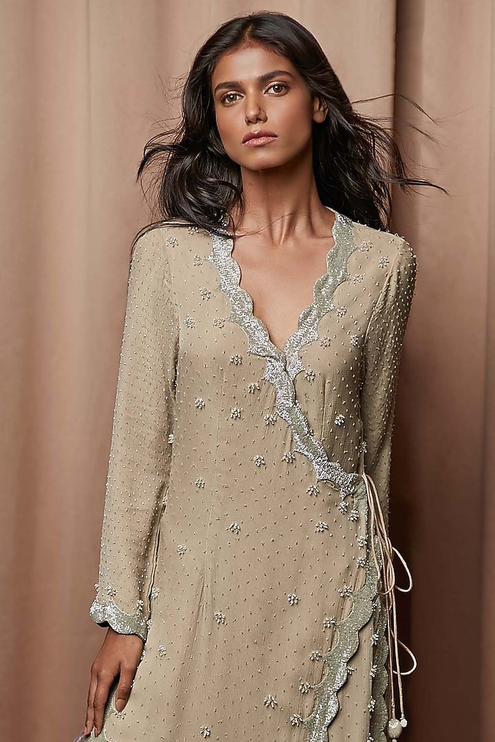 Nude Chiffon Cutdana Embroidered Overlap Kurta Set by Nandita Thirani at Pernia's Pop Up Shop