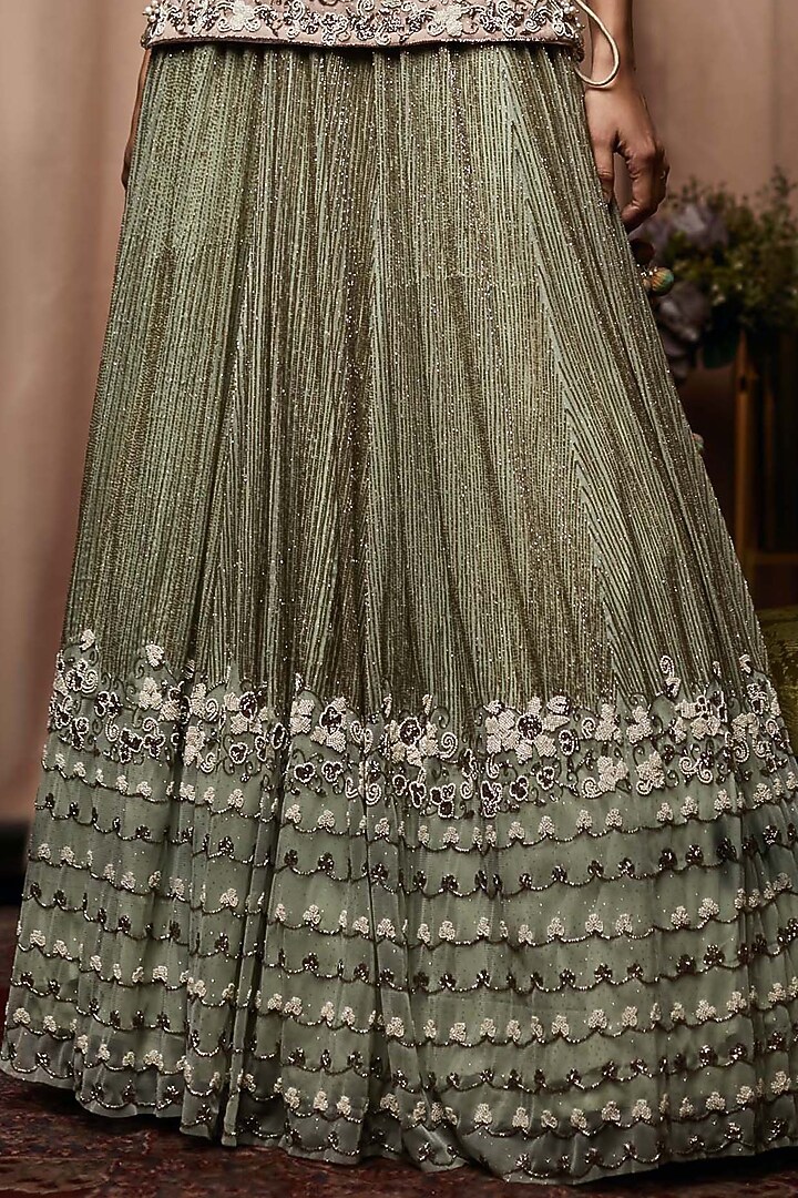 Green Satin & Taffeta Cutdana Embroidered Bridal Lehenga Set by Nandita Thirani at Pernia's Pop Up Shop