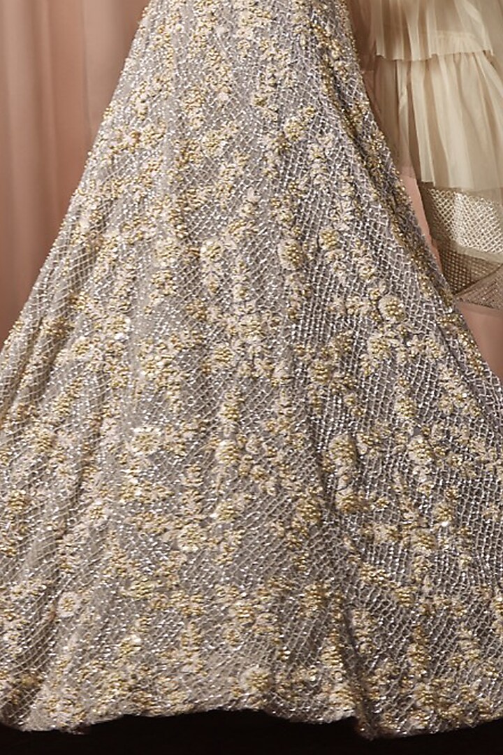 Ivory Satin & Georgette Embellished Bridal Lehenga Set by Nandita Thirani at Pernia's Pop Up Shop