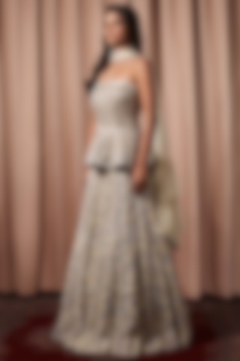 Ivory Satin & Georgette Embellished Bridal Lehenga Set by Nandita Thirani at Pernia's Pop Up Shop