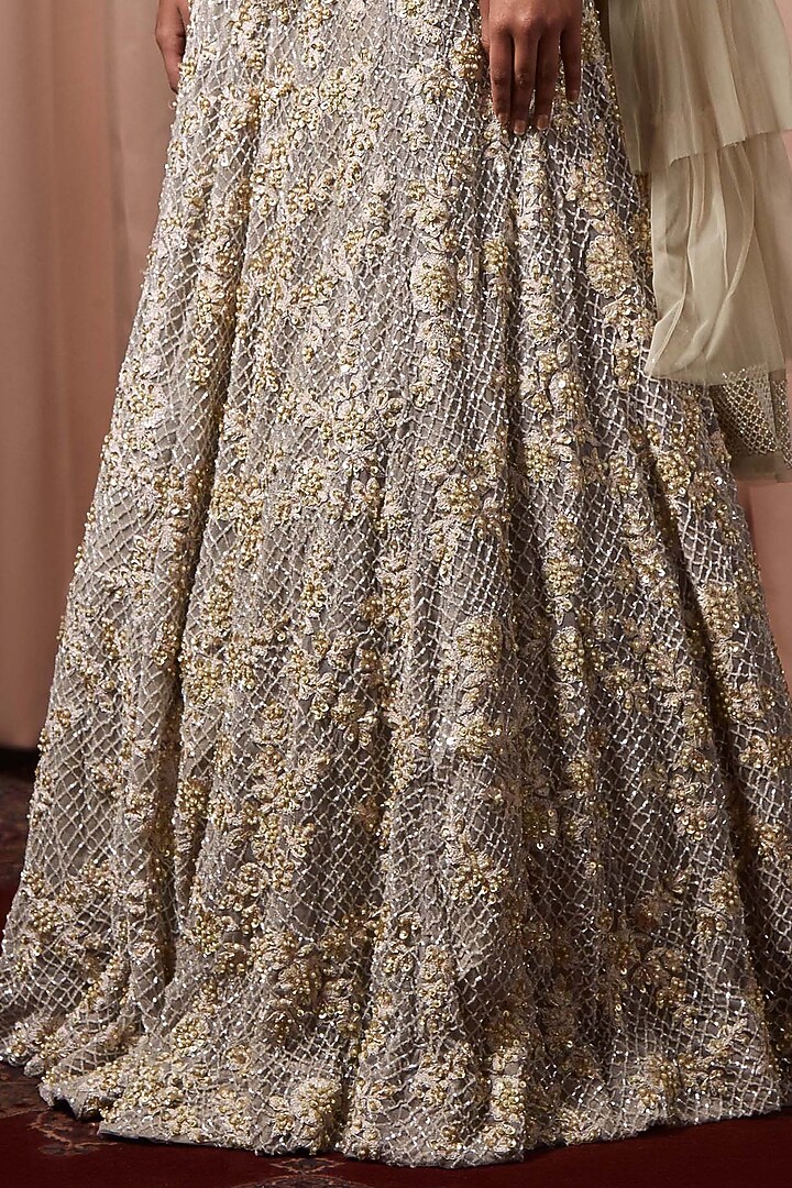 Ivory Satin & Georgette Embellished Bridal Lehenga Set by Nandita Thirani at Pernia's Pop Up Shop