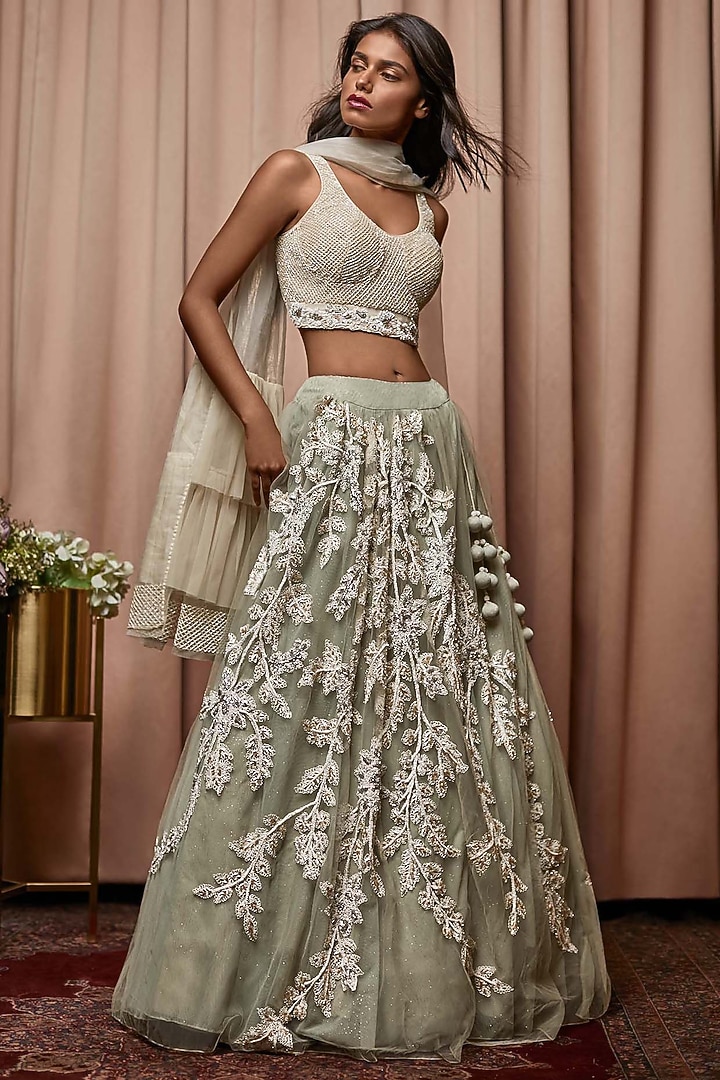 Mint Tulle & Taffeta Cutdana Embroidered Bridal Lehenga Set by Nandita Thirani at Pernia's Pop Up Shop