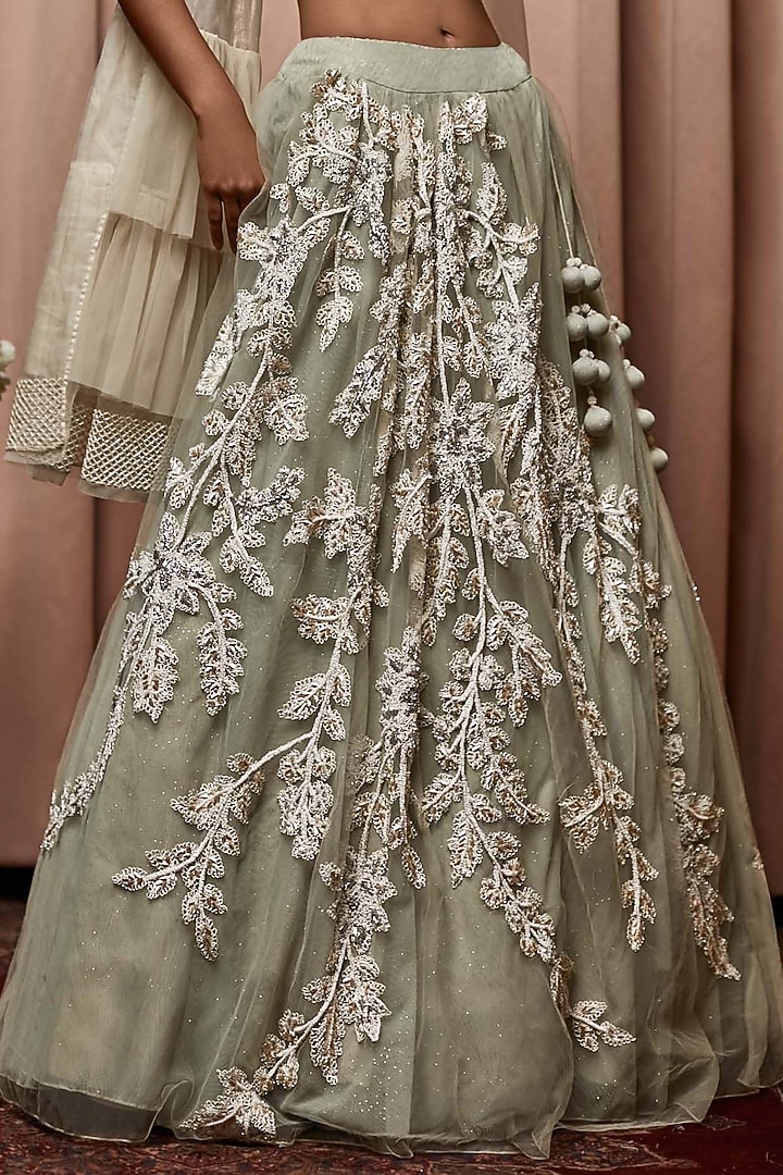 Mint Tulle & Taffeta Cutdana Embroidered Bridal Lehenga Set by Nandita Thirani at Pernia's Pop Up Shop