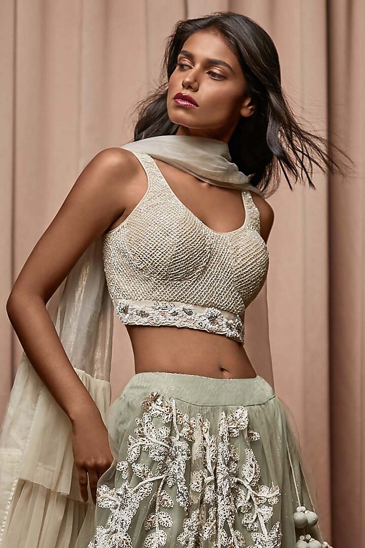 Mint Tulle & Taffeta Cutdana Embroidered Bridal Lehenga Set by Nandita Thirani at Pernia's Pop Up Shop