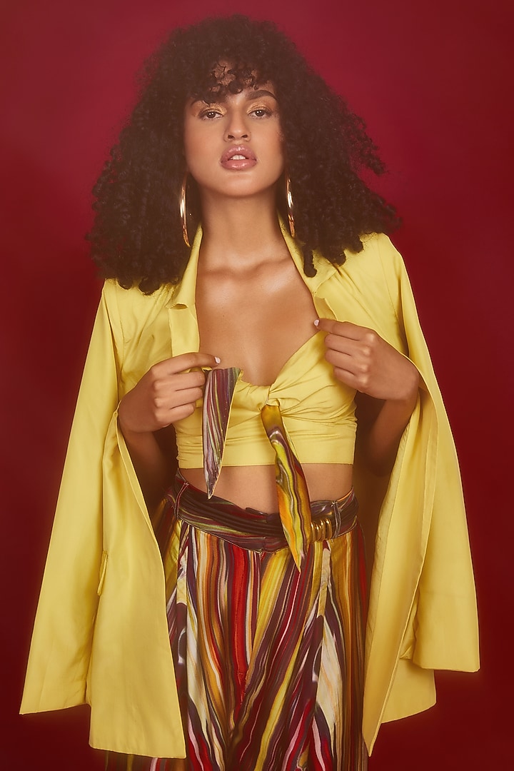 Yellow Satin Blazer Set by Nandita Thirani at Pernia's Pop Up Shop