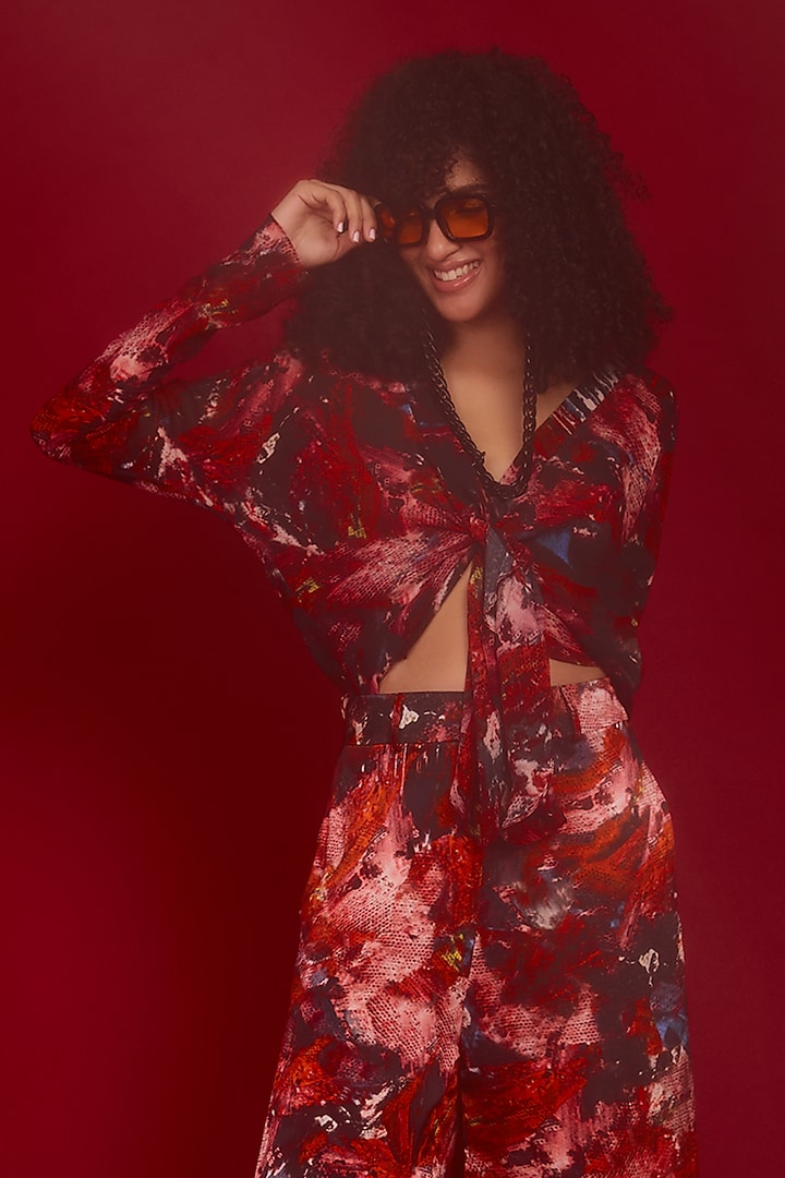 Red Georgette & Satin Co-Ord Set by Nandita Thirani at Pernia's Pop Up Shop