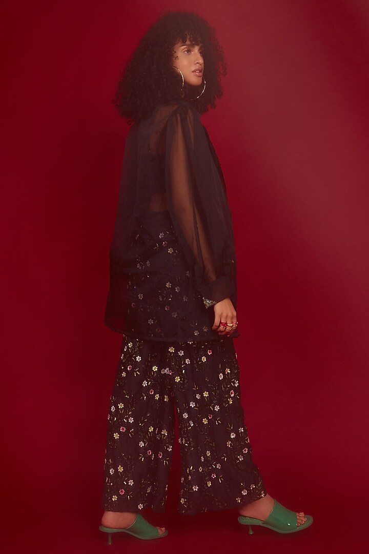 Black Silk Blend Polyester Sequin Embroidered Co-Ord Set by Nandita Thirani at Pernia's Pop Up Shop