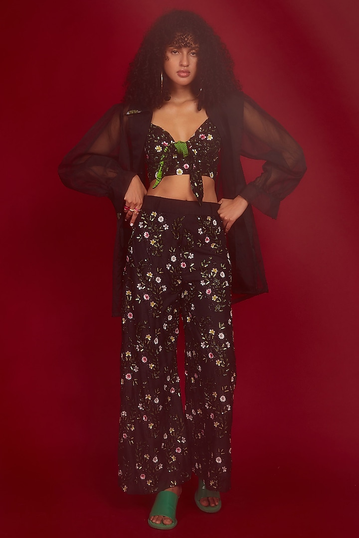 Black Silk Blend Polyester Sequin Embroidered Co-Ord Set by Nandita Thirani at Pernia's Pop Up Shop