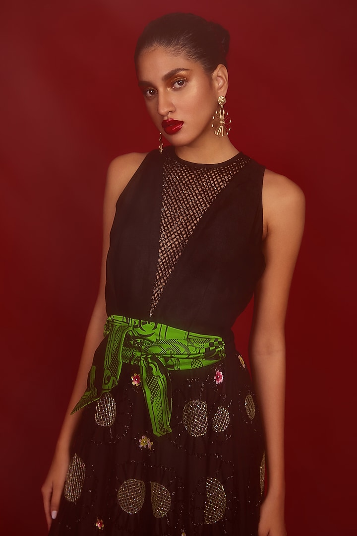 Black Silk Blend Polyester & Organza Jumpsuit With Belt by Nandita Thirani at Pernia's Pop Up Shop