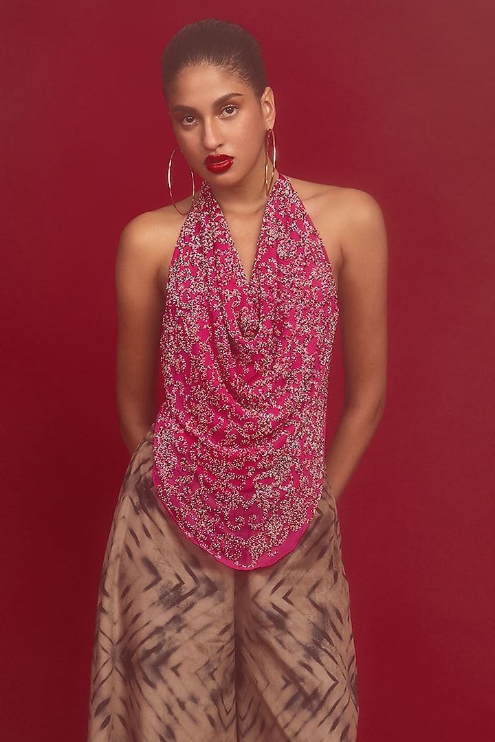 Pink Georgette Beadwork Halter Top by Nandita Thirani