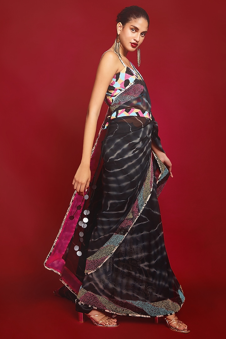 Black Georgette Tie-Dye Wedding Saree Set by Nandita Thirani at Pernia's Pop Up Shop