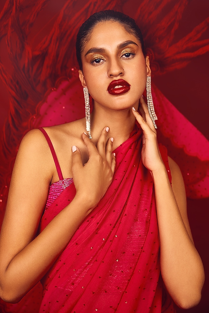 Red Chiffon Wedding Saree Set by Nandita Thirani at Pernia's Pop Up Shop