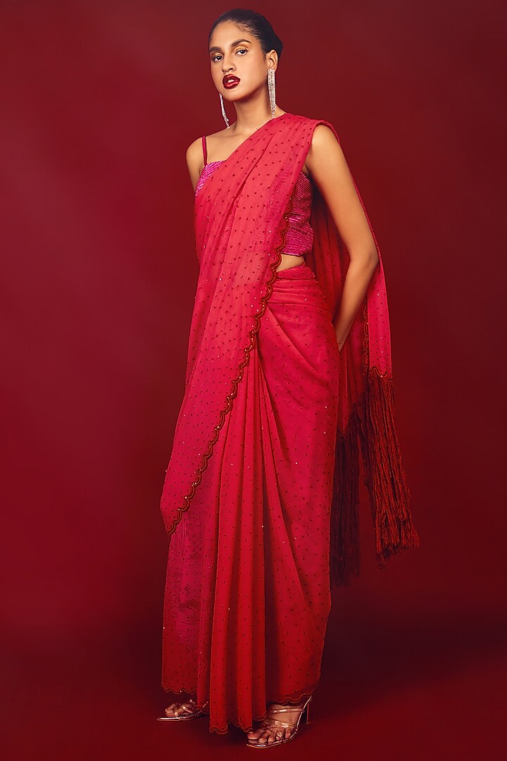 Red Chiffon Wedding Saree Set by Nandita Thirani at Pernia's Pop Up Shop