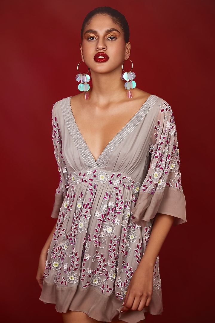 Grey Chiffon Embroidered Mini Vacation Dress by Nandita Thirani at Pernia's Pop Up Shop