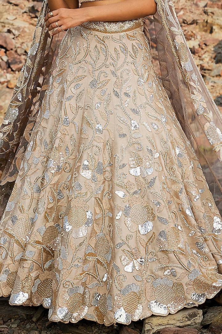 Nude Raw Silk Floral Embroidered Bridal Lehenga Set by Nandita Thirani at Pernia's Pop Up Shop
