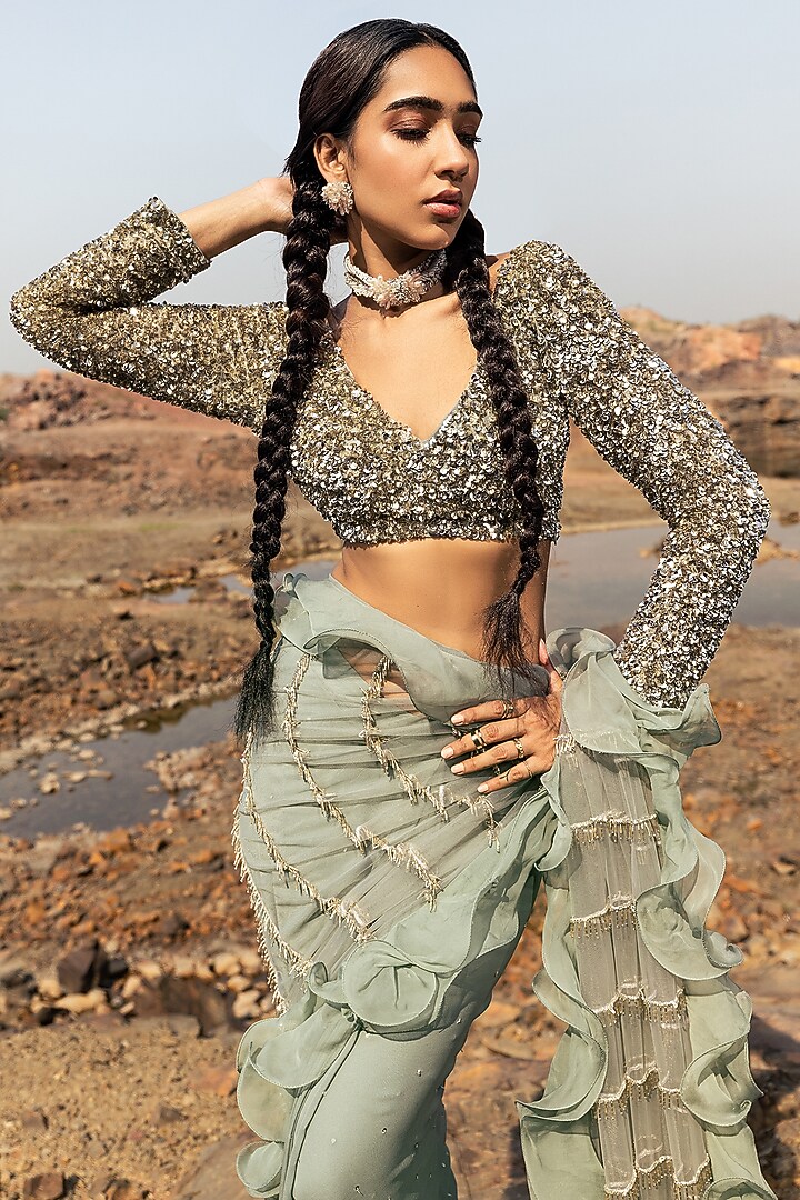 Mint Georgette & Tulle Embroidered Draped Reception Saree Set by Nandita Thirani at Pernia's Pop Up Shop