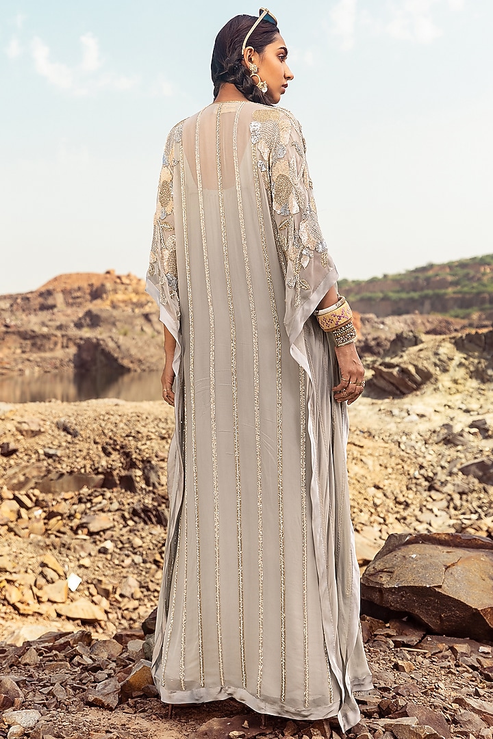 Powder Blue Georgette Sequins Embroidered Kaftan Set by Nandita Thirani at Pernia's Pop Up Shop