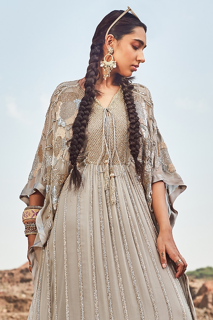 Powder Blue Georgette Sequins Embroidered Kaftan Set by Nandita Thirani at Pernia's Pop Up Shop