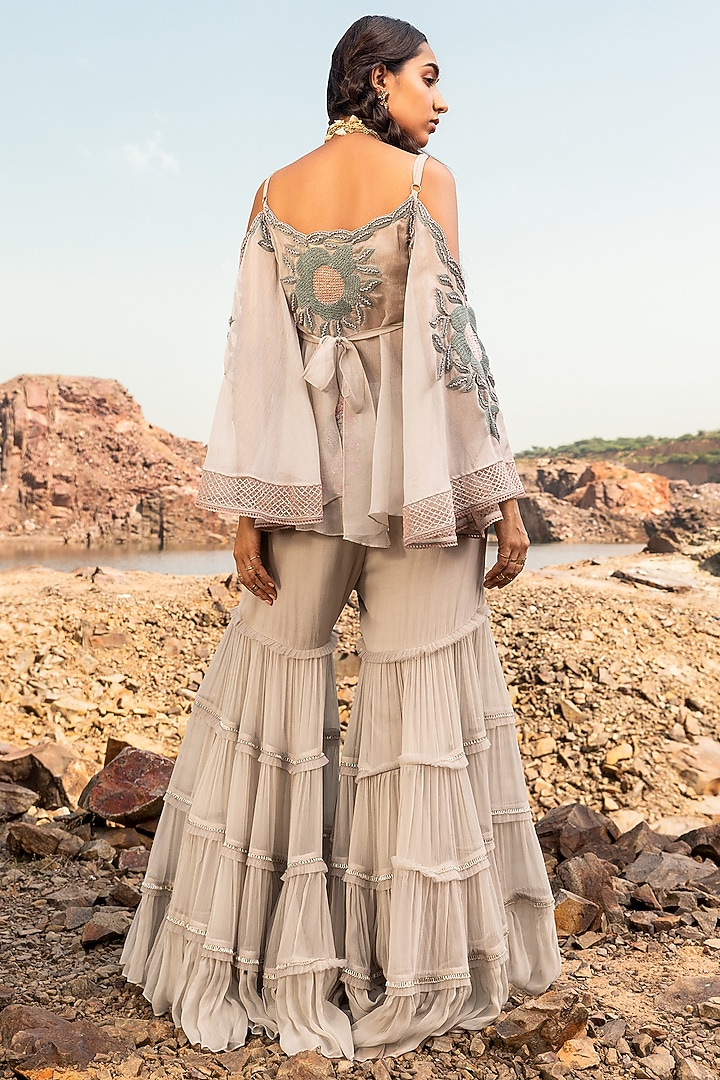 Powder Blue Chiffon Four-Tiered Wedding Sharara Set by Nandita Thirani at Pernia's Pop Up Shop