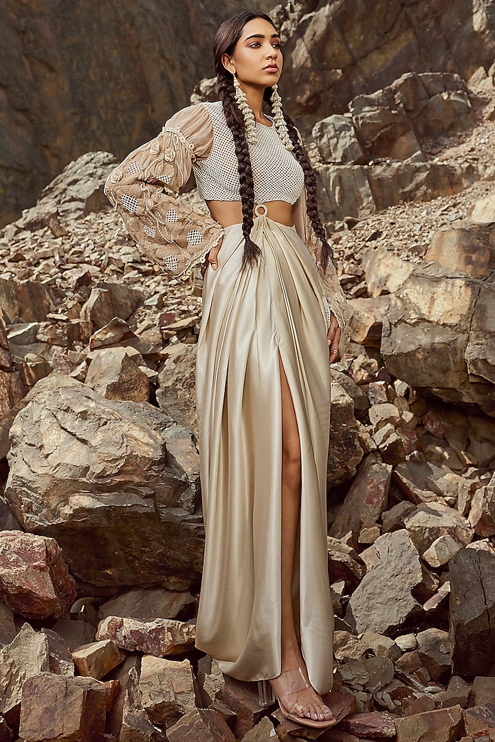 Nude Tulle & Satin Hand Embroidered Draped Gown by Nandita Thirani