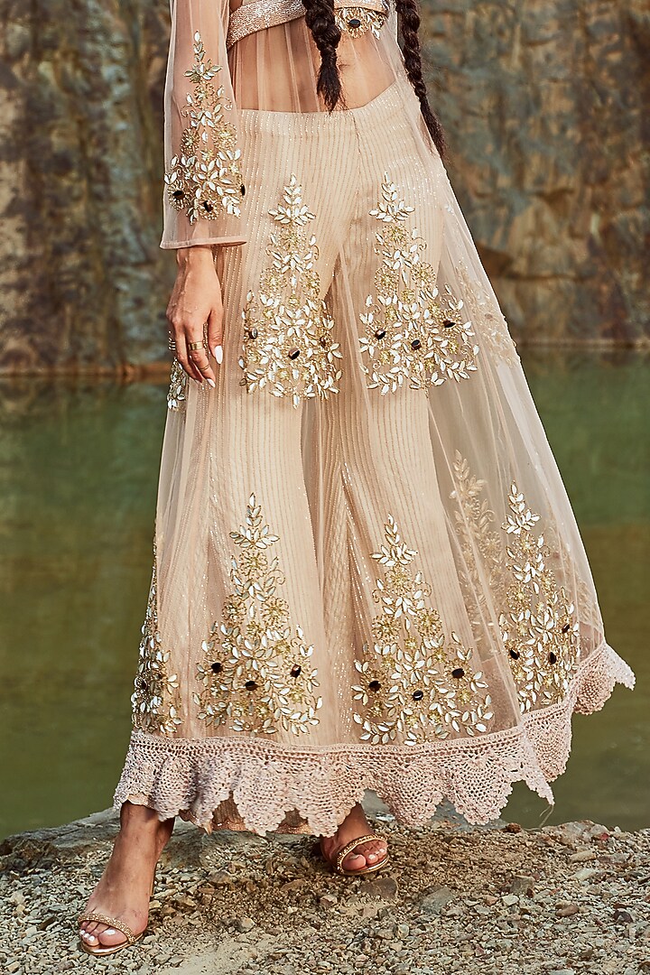Cream Tulle Net Sheer Kurta Set by Nandita Thirani at Pernia's Pop Up Shop
