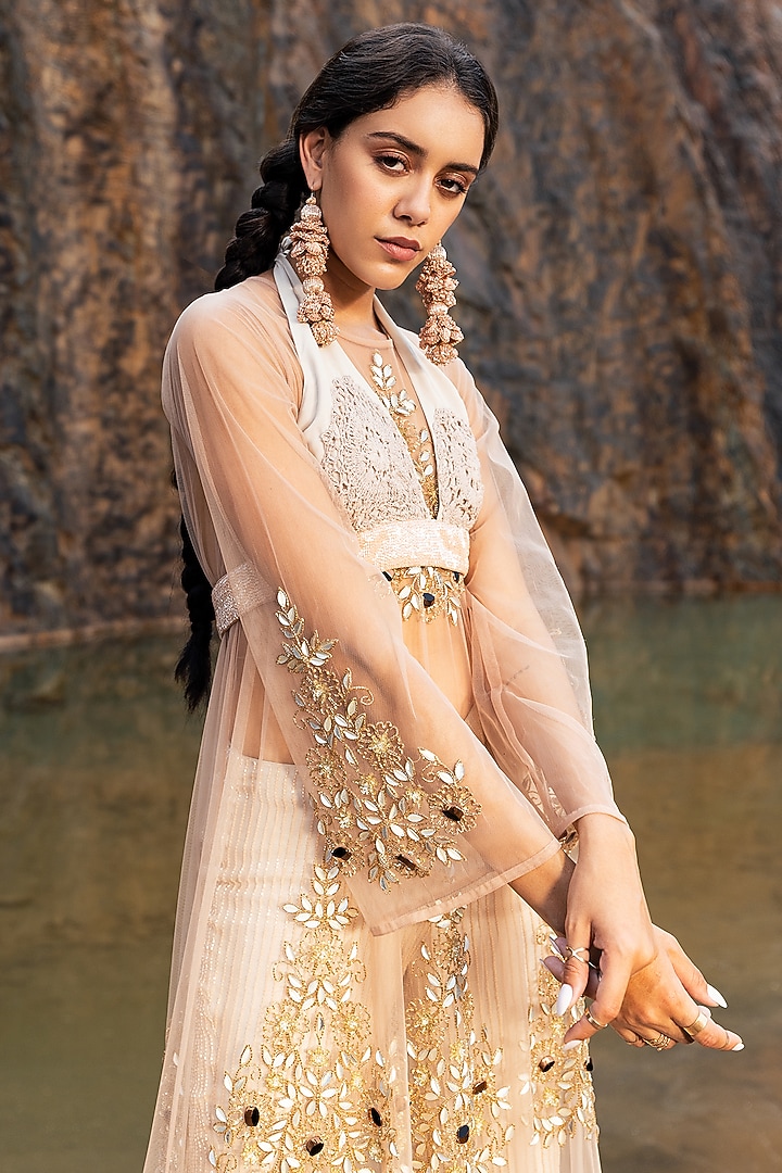 Cream Tulle Net Sheer Kurta Set by Nandita Thirani at Pernia's Pop Up Shop