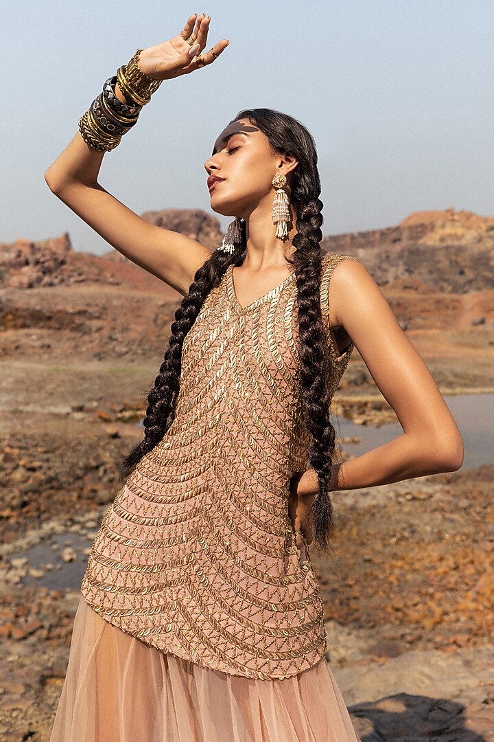 Pink Handcrafted Tulle Sequins Embroidered Tunic Set by Nandita Thirani at Pernia's Pop Up Shop