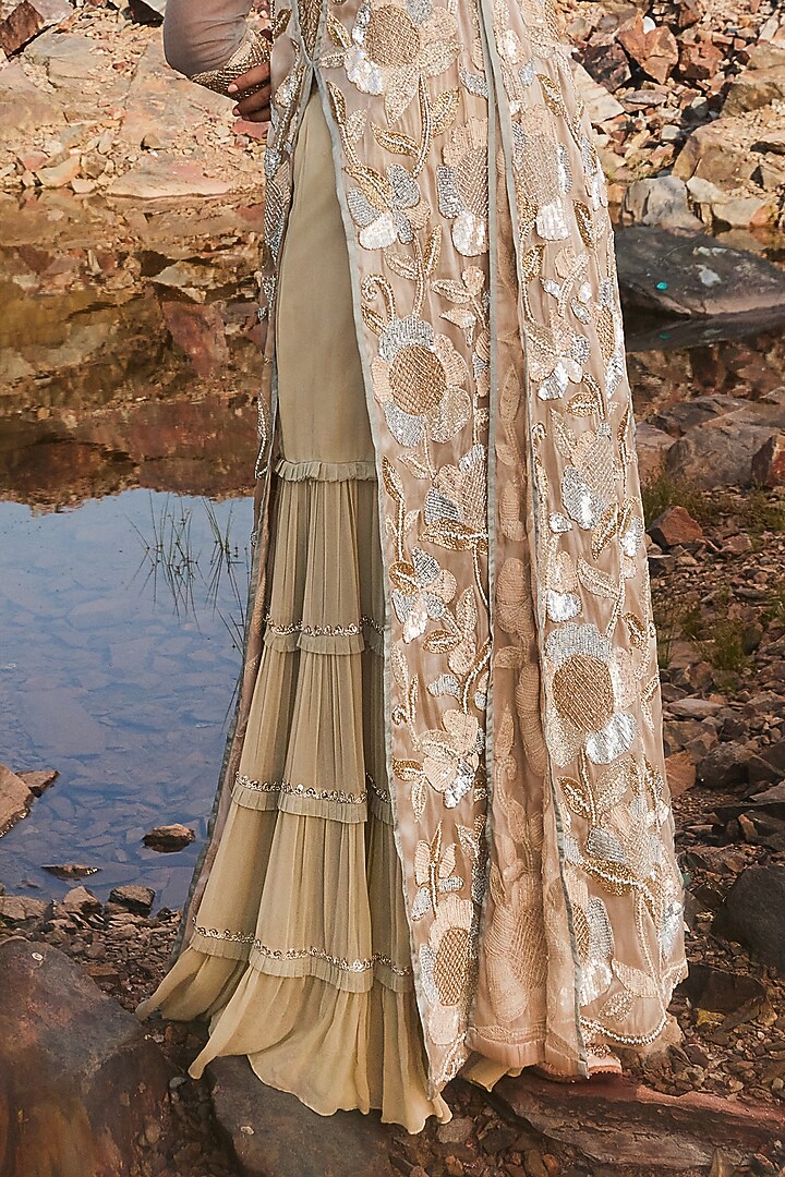 Powder Blue & Gold Tulle Floral Embellished Layered Bridal Sharara Set by Nandita Thirani at Pernia's Pop Up Shop