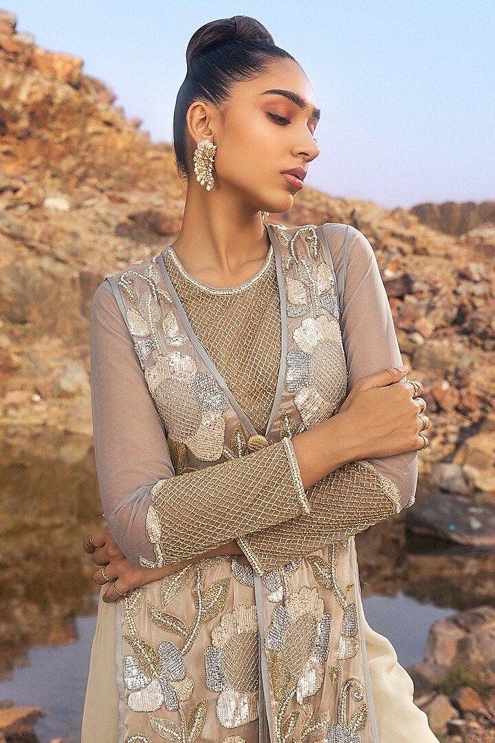 Powder Blue & Gold Tulle Floral Embellished Layered Bridal Sharara Set by Nandita Thirani at Pernia's Pop Up Shop